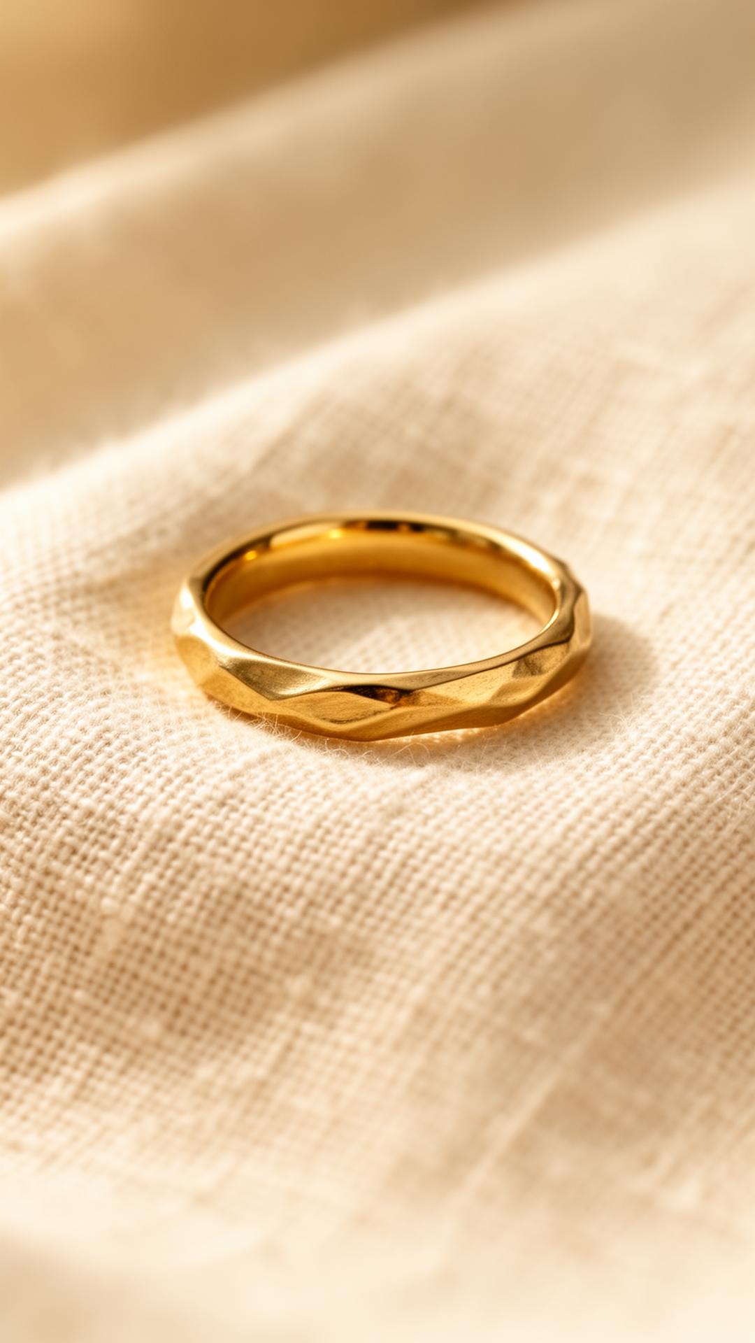 Handgjord vigselring i guld på gräddvit linne